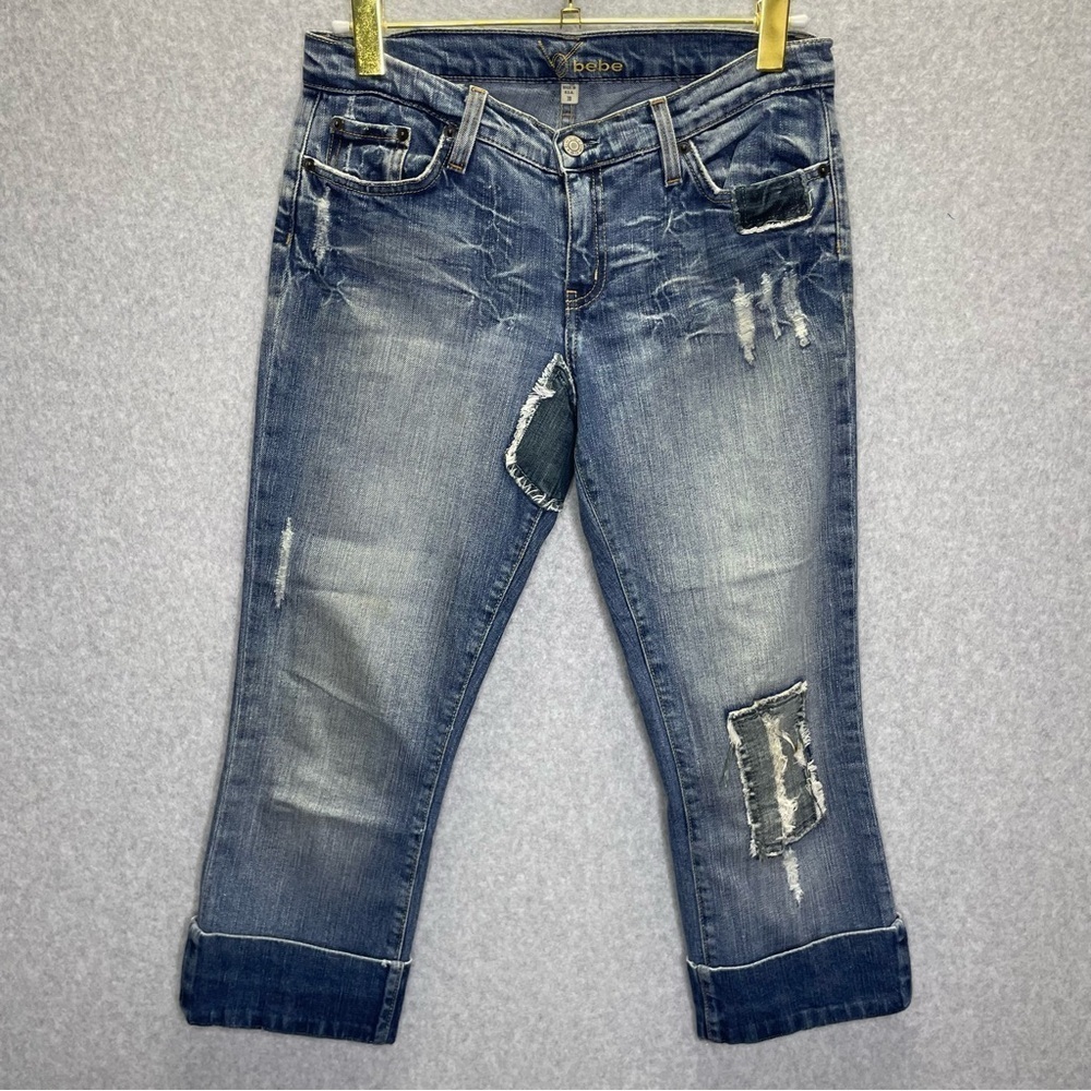 Bebe Y2K Patchwork Rolled Hem Heavy Stitching Cropped Capri Jeans